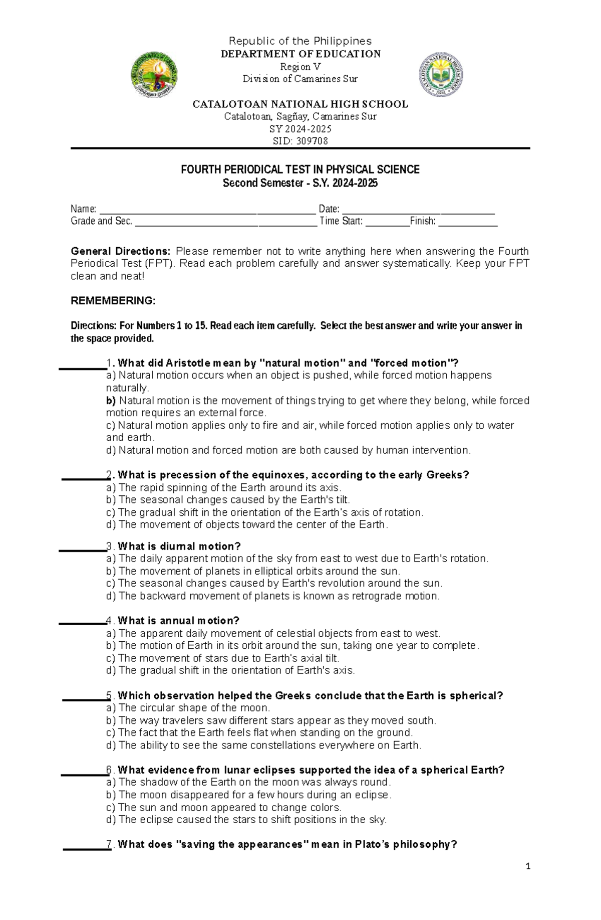 Fourth Periodical TEST IN Physical Science - DEPARTMENT OF EDUCATION ...