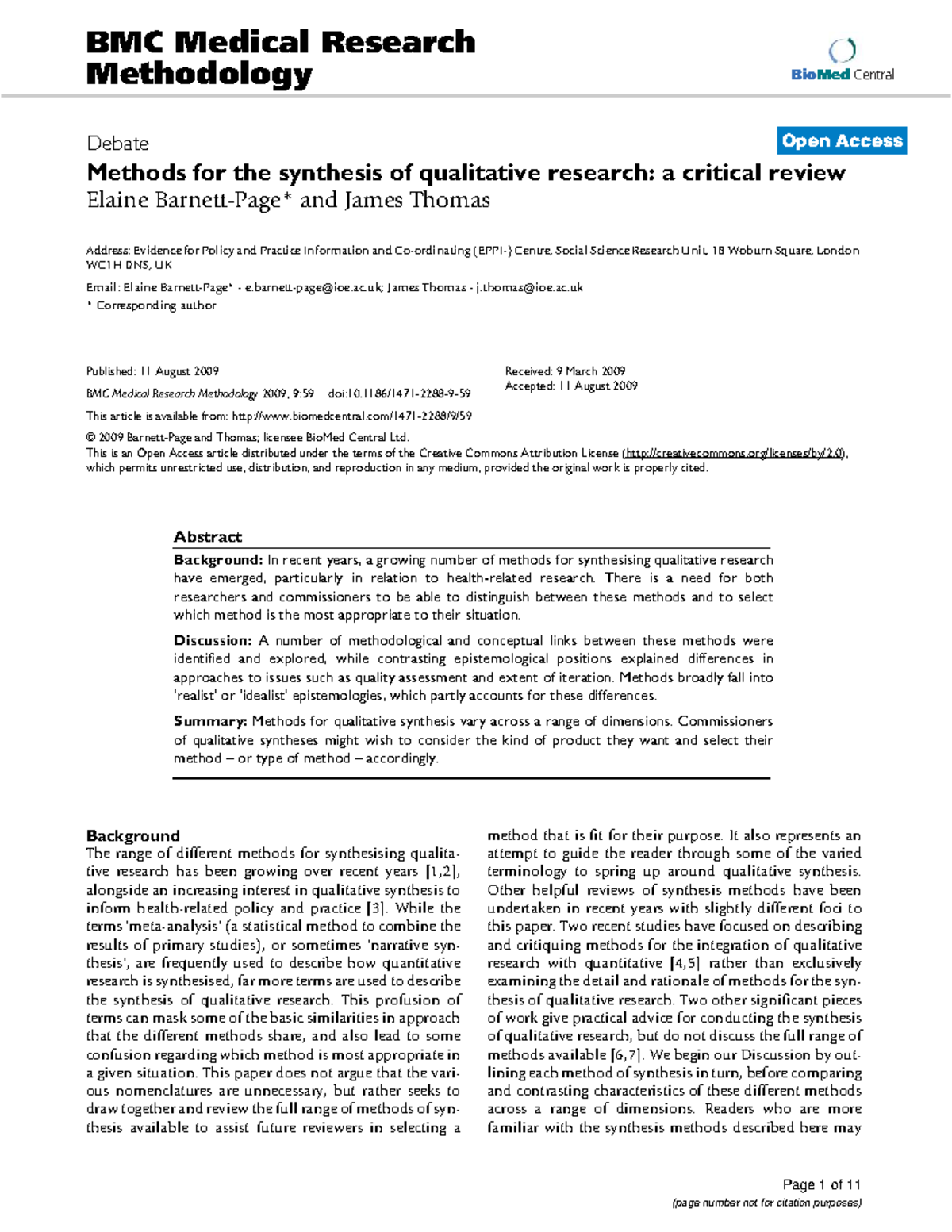 Methods for Synthesizing Qualitative Research: A Critical Review (BMC ...