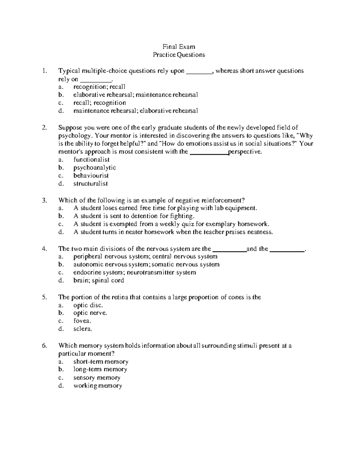 Practice Final Exam - Psychology Concepts and Answers Included - Studocu