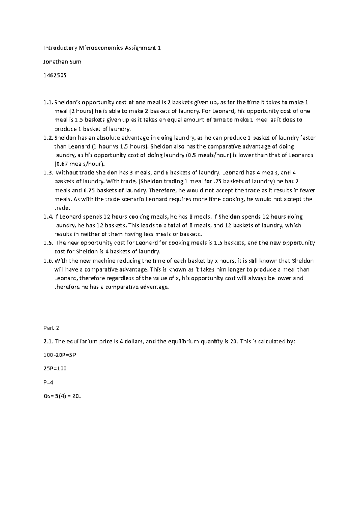 Introductory Microeconomics Assignment 1 Analysis and Solutions SUB ...