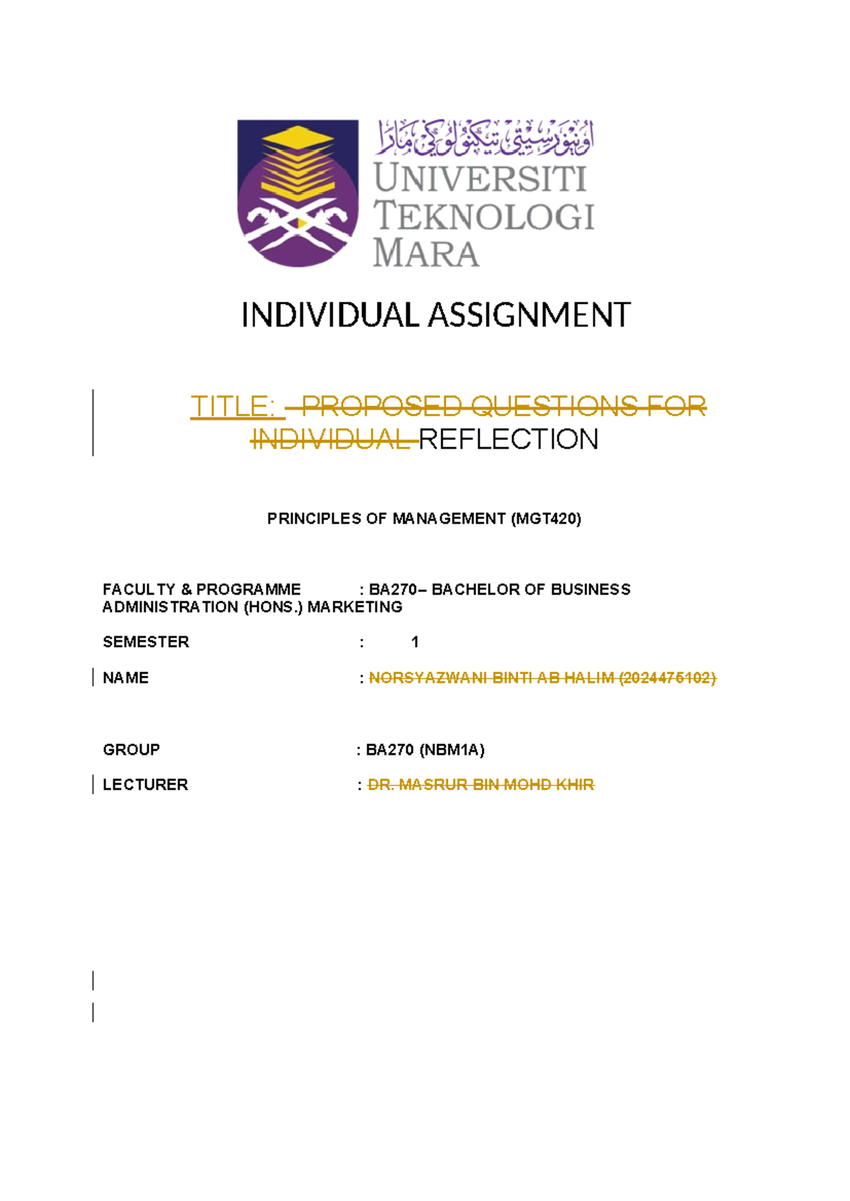 Proposed Reflection Questions for MGT420 Individual Assignment - Studocu