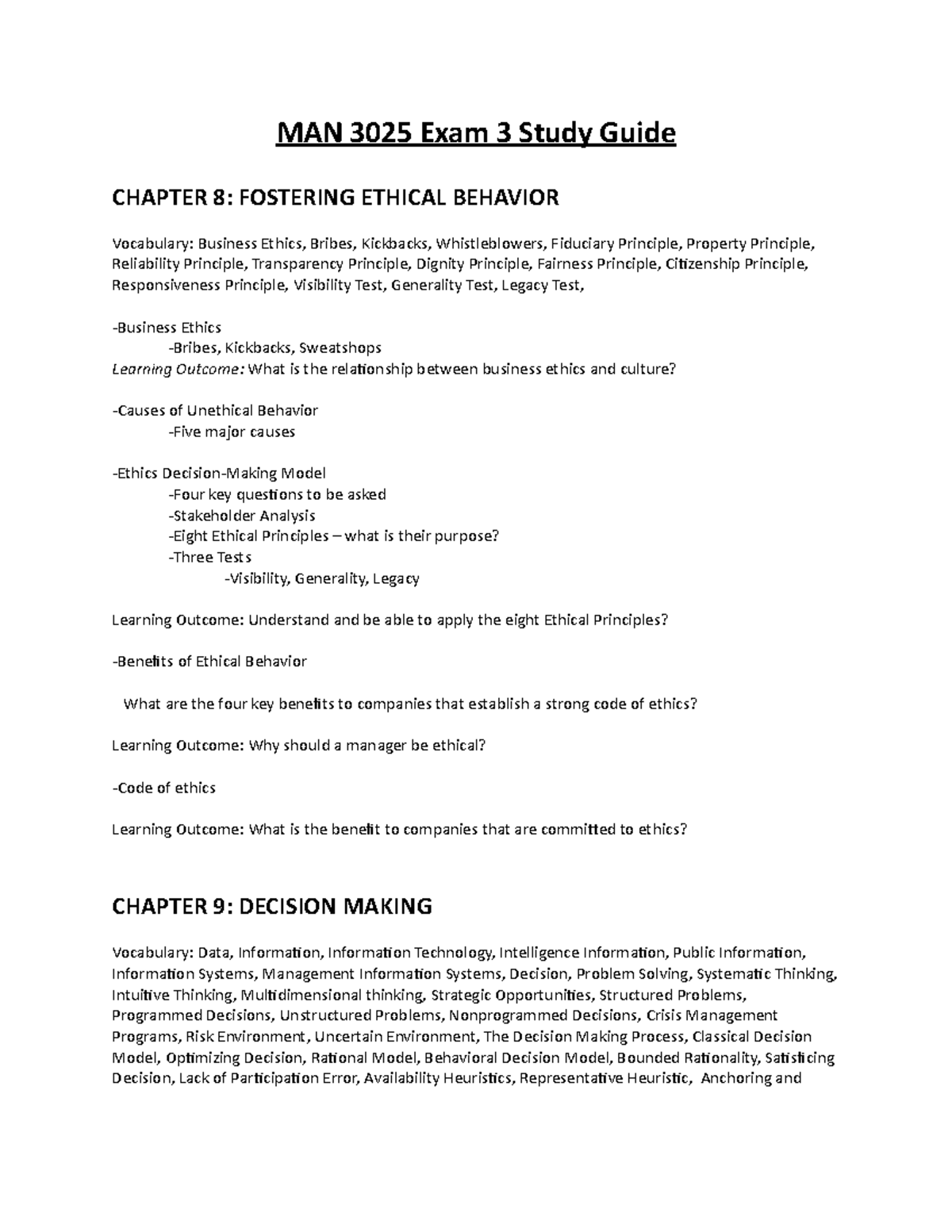 Exam 3 Study Guide - MAN 3025 Exam 3 Study Guide CHAPTER 8: FOSTERING ...
