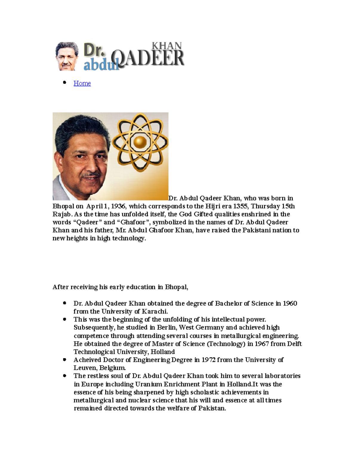 Dr. Abdul Qadeer Khan: Contributions to Pakistan's Nuclear Program ...