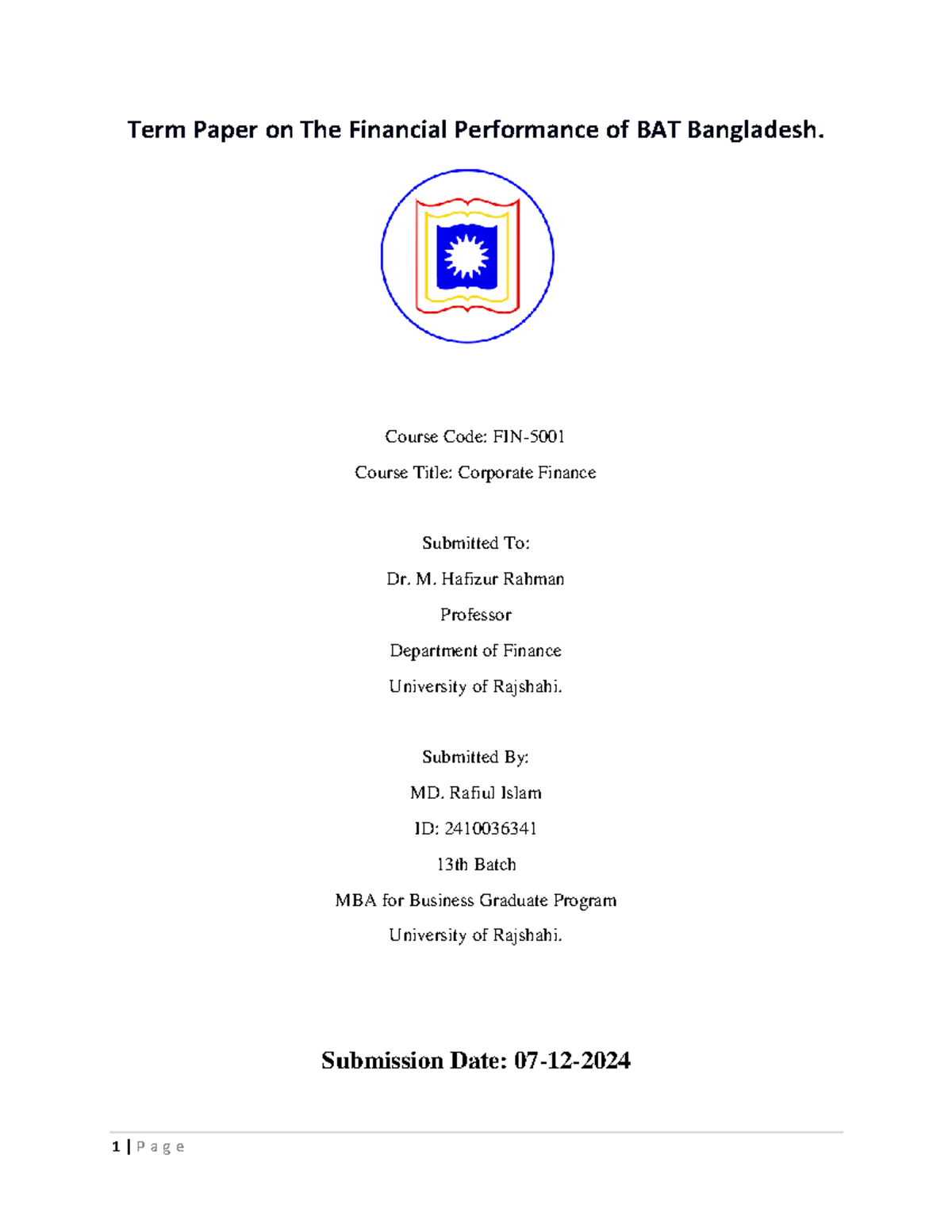 ratio analysis corporate finance - Term Paper on The Financial ...