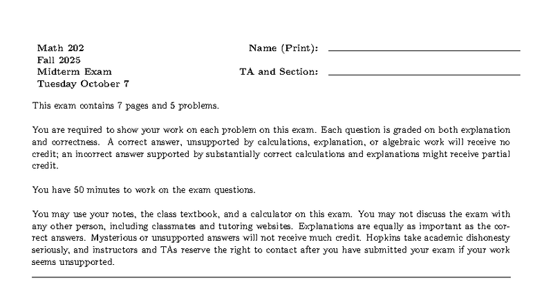 Math 202 Fall 2025 Midterm Exam Practice Questions - Studocu