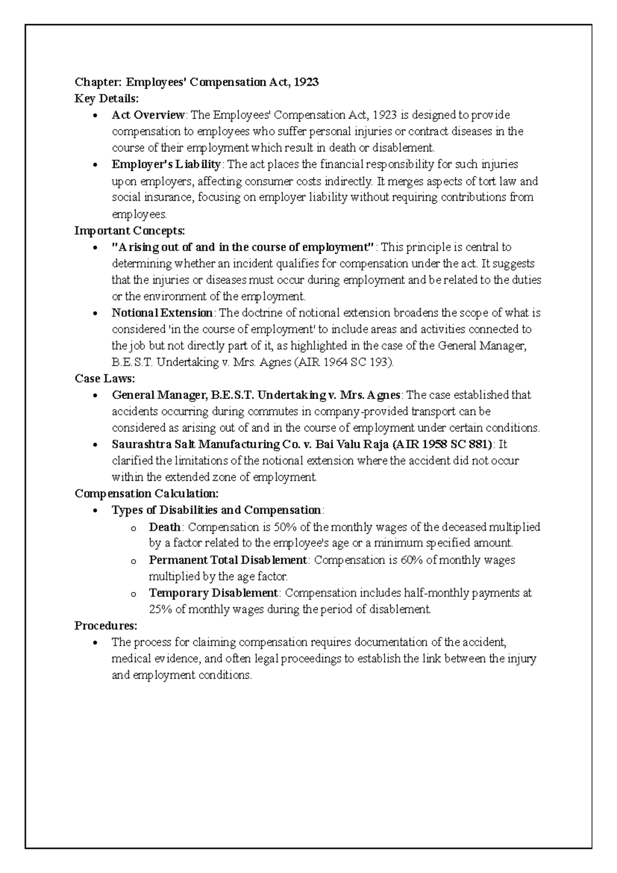 Labour Law II - Comprehensive Summary of Key Acts and Concepts - Studocu