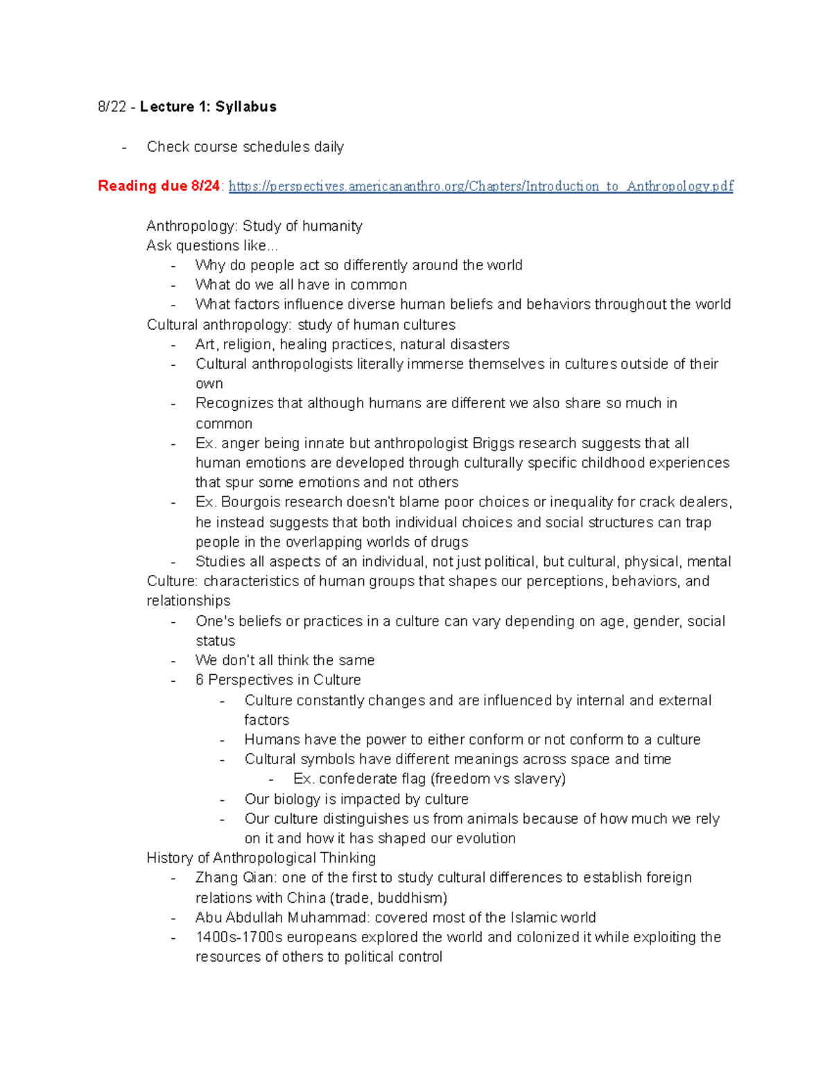 ANTH 201 In class notes - Estrella - 8/22 - Lecture 1: Syllabus Check ...