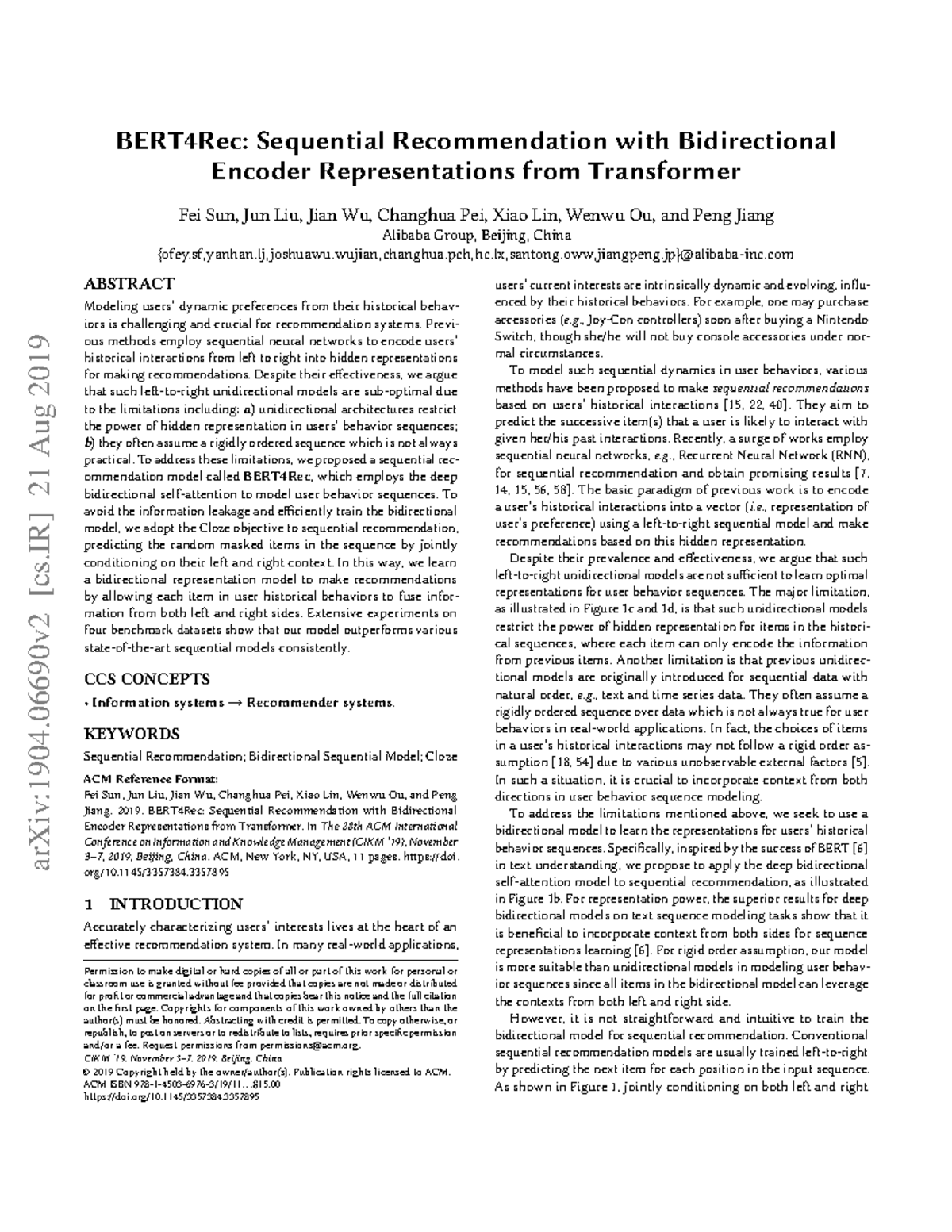 BERT4Rec: A Bidirectional Approach for Sequential Recommendations (CIKM ...