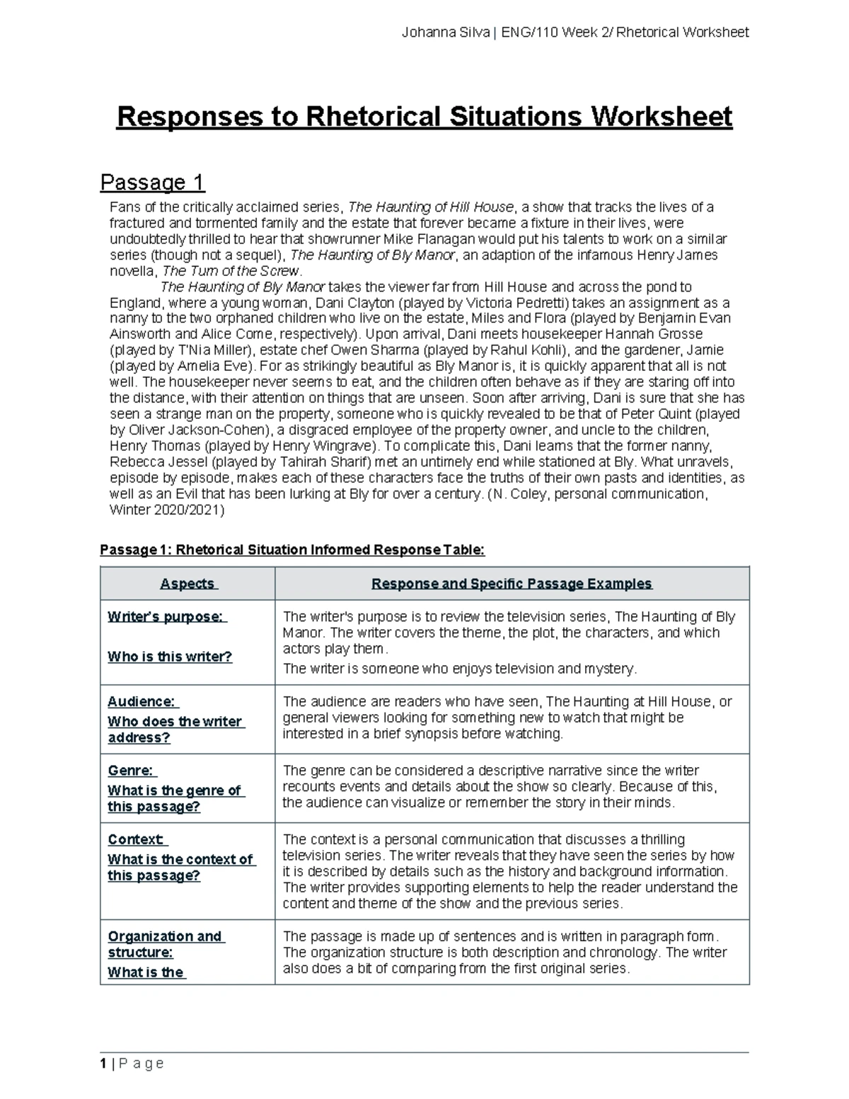 ENG/110 Week 2 Rhetorical Situations & Passage Analysis Worksheet - Studocu