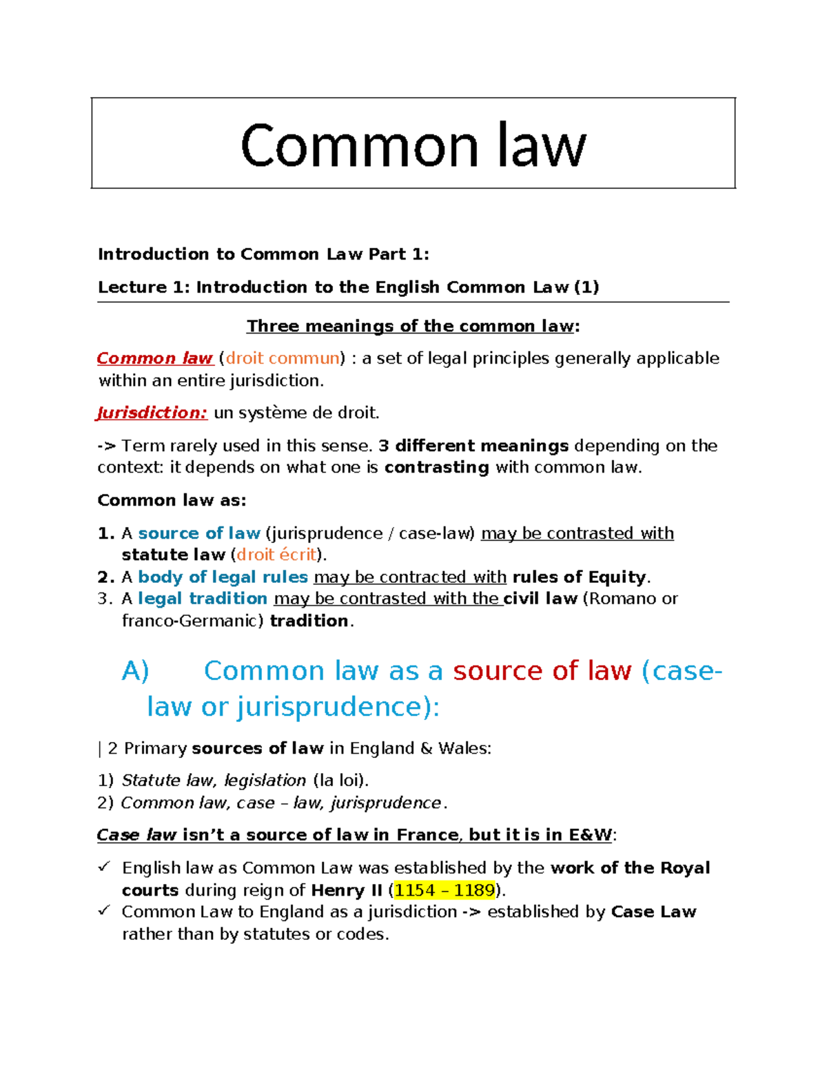 Common Law (LAW101): Lecture 1 - Introduction to English Common Law ...
