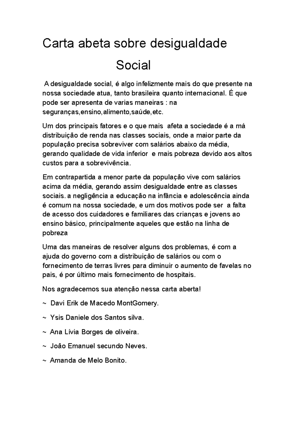 Carta Aberta sobre Desigualdade Social: Desafios e Soluções - Studocu