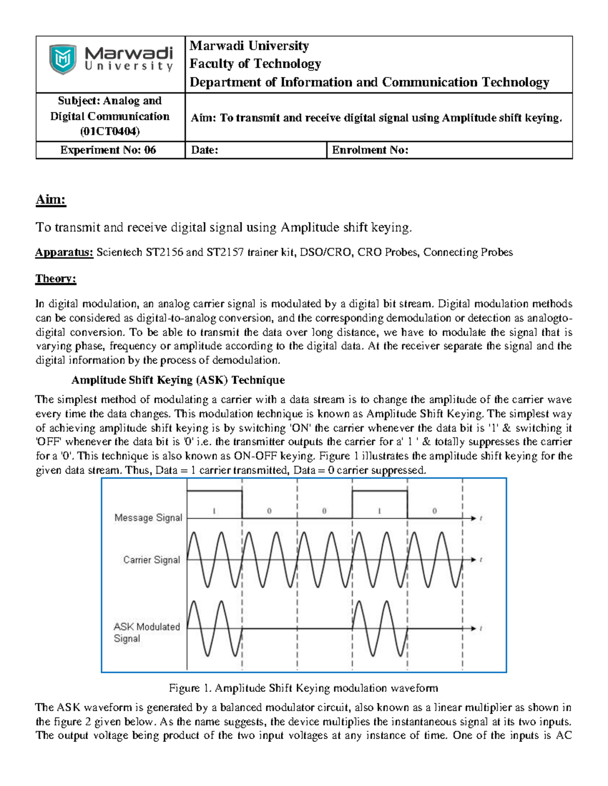 ADC (01CT0404) Lab File: Amplitude Shift Keying Experiment 6 - Studocu