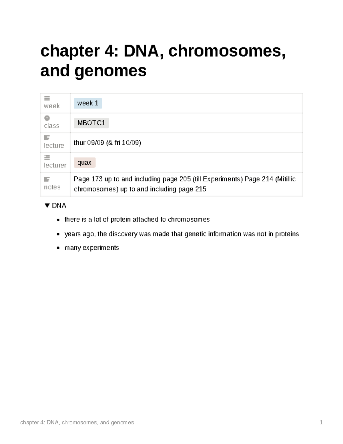 MBOTC Chapter 4 Lecture Notes: DNA, Chromosomes, and Genomes - Studeersnel