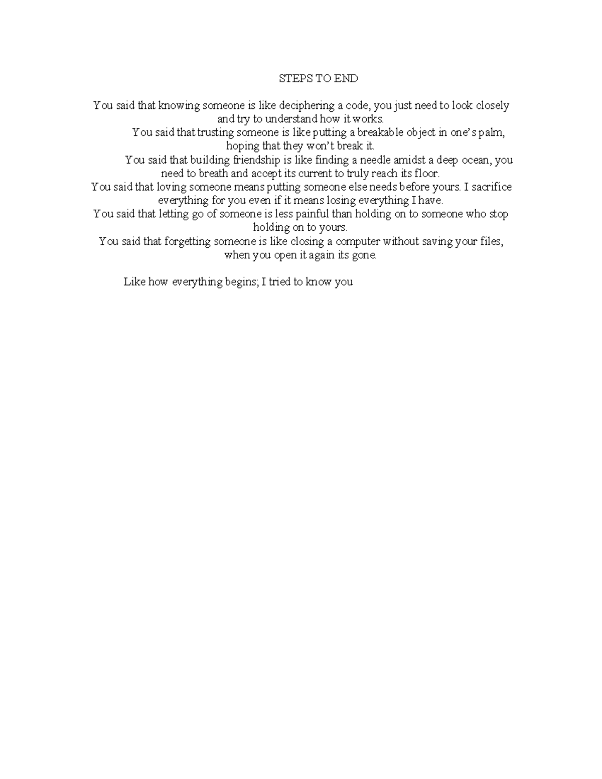 Steps TO END ( Poetry) - STEPS TO END You said that knowing someone is ...