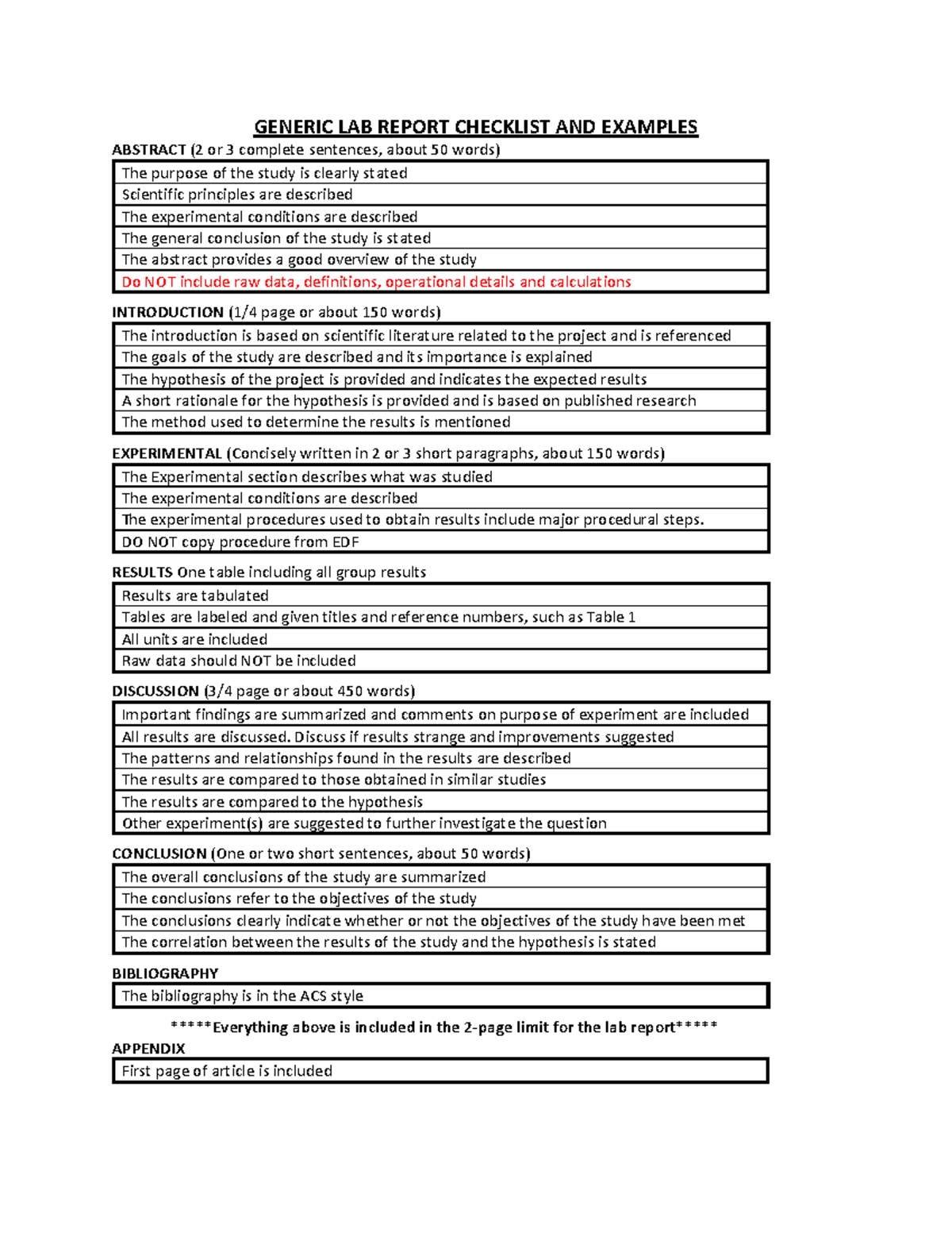 GENERIC LAB REPORT CHECKLIST & EXAMPLES (EDF) - Studocu