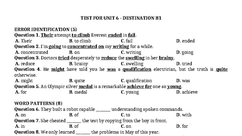 TEST UNIT 6 DESTINATION B1 ERROR IDENTIFICATION QUESTIONS - Studocu