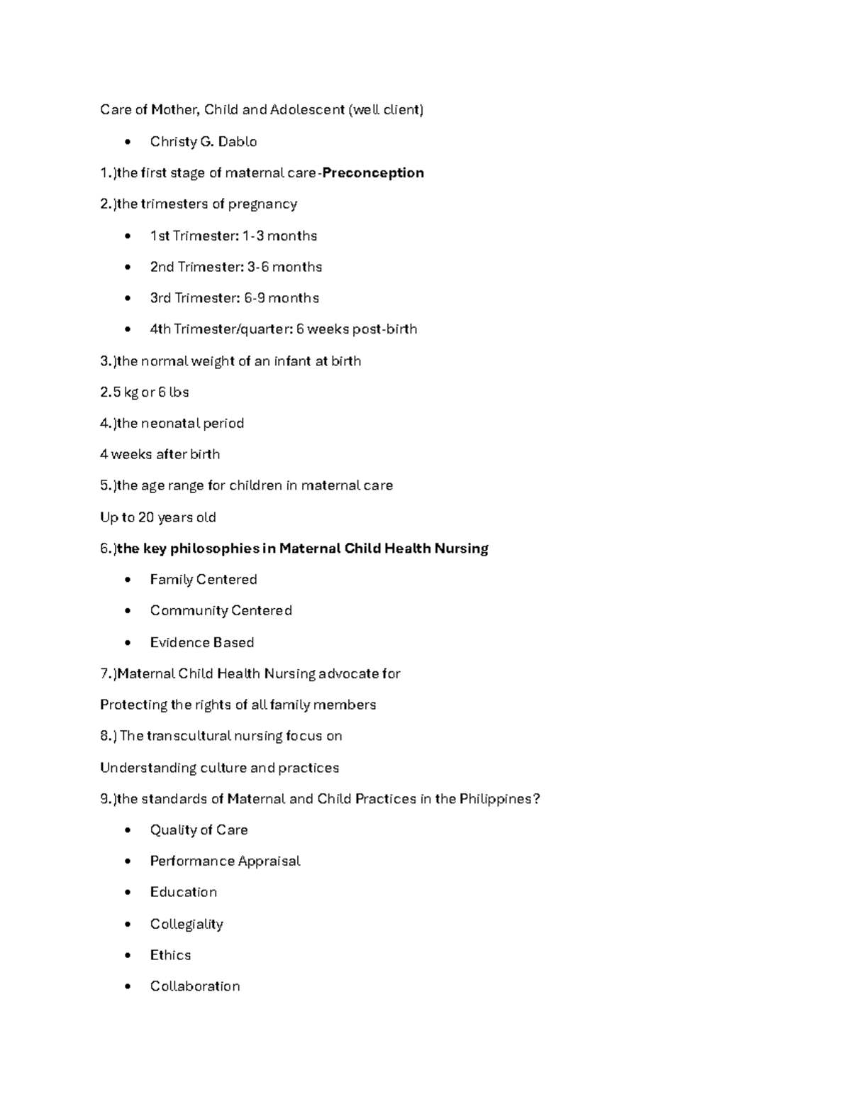 Maternal and Child Health Nursing Overview (MCHN 1111111) - Studocu