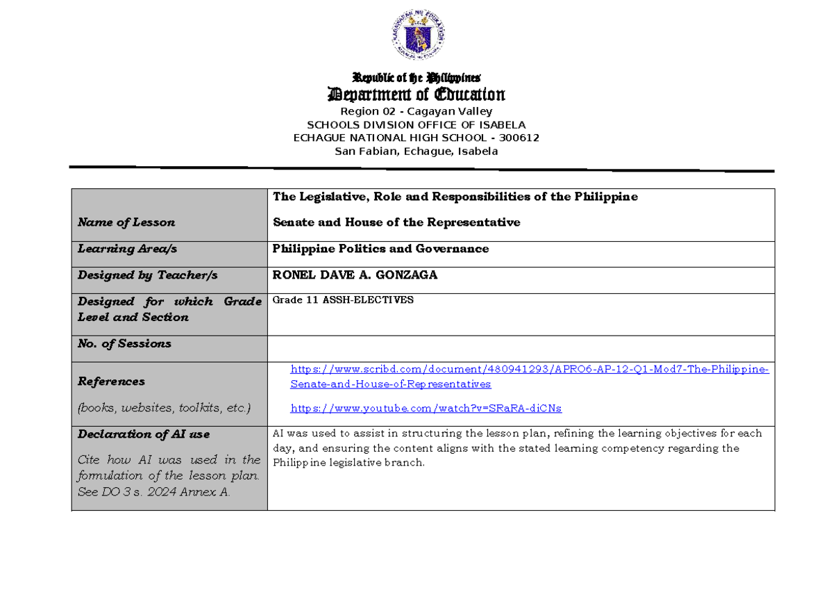 PPG DLL 4 - ILAW FORMAT: Lesson Plan on Philippine Legislative Roles