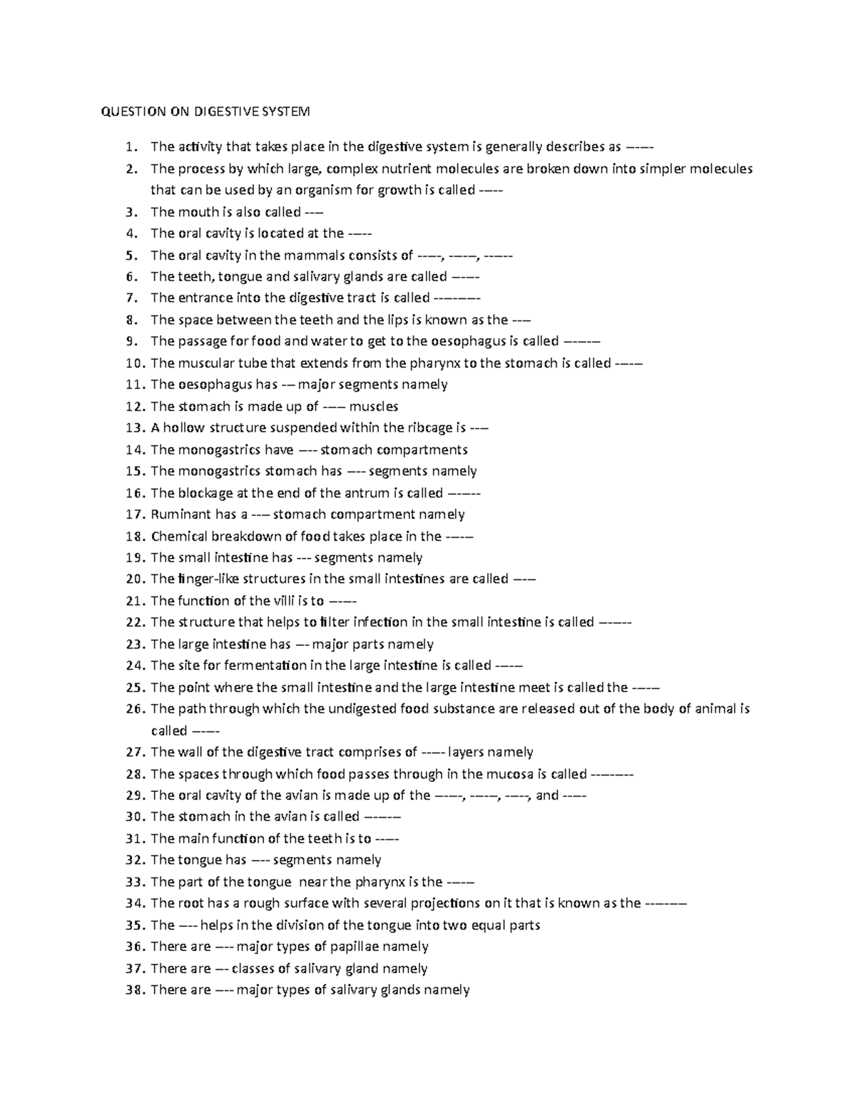 Quiz on Digestive System Concepts and Processes - Studocu