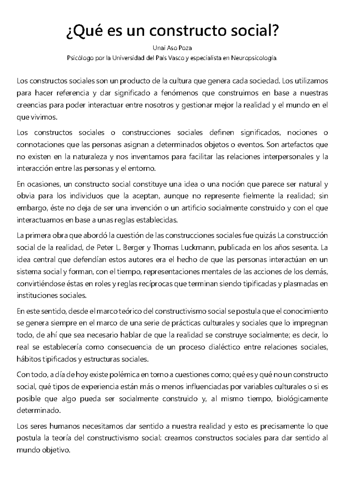 Qué es un Constructo Social? Análisis y Ejemplos - Studocu