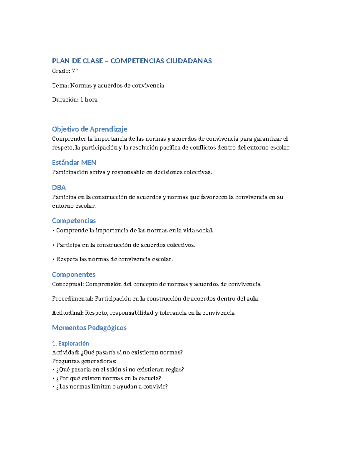 PLAN DE CLASE: NORMAS Y ACUERDOS DE CONVIVENCIA - GRADO 7 - Studocu