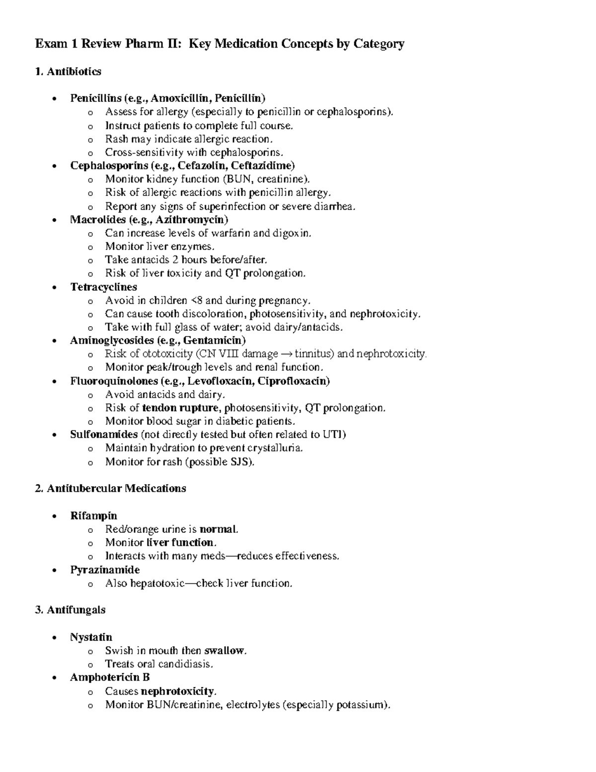 Exam 1 Review Pharm II: Key Concepts on Antibiotics & Medications - Studocu