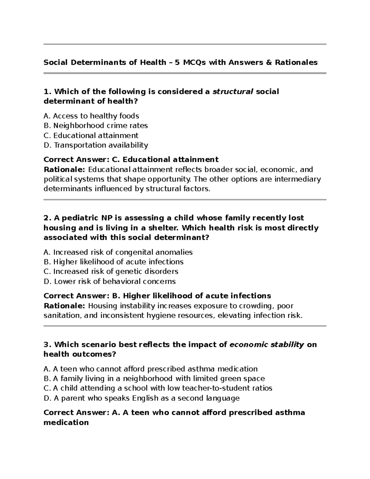 SDOH 5 MCQs with Answers on Social Determinants of Health - Studocu