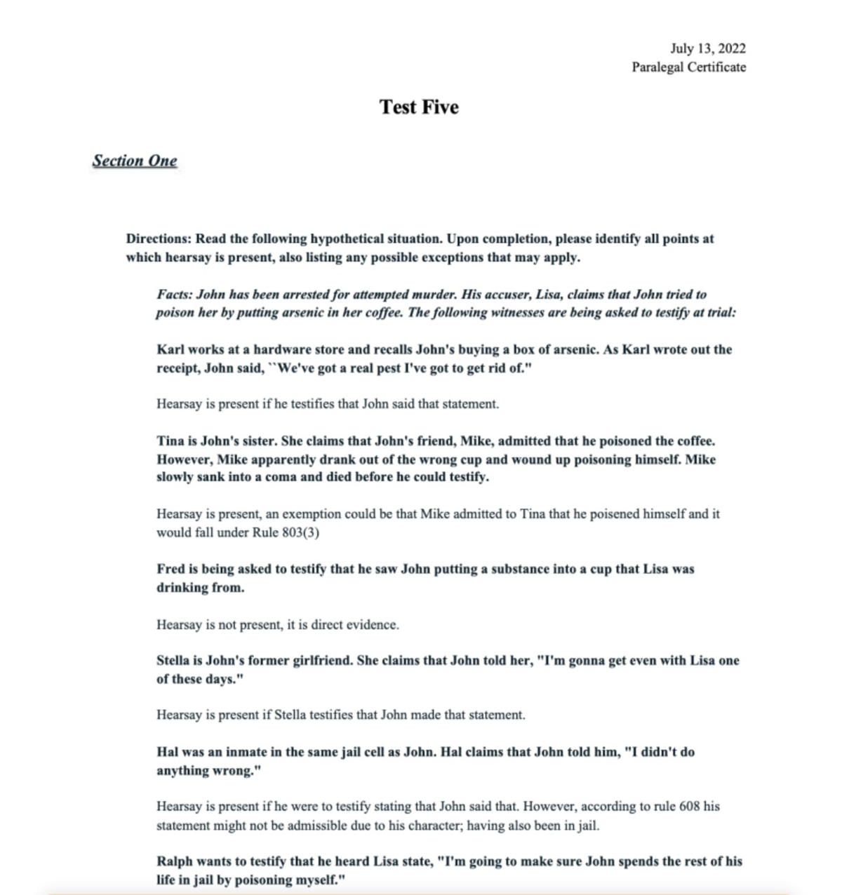 Paralegal Course Test 5: Analyzing Hearsay and Evidence Rules - Studocu