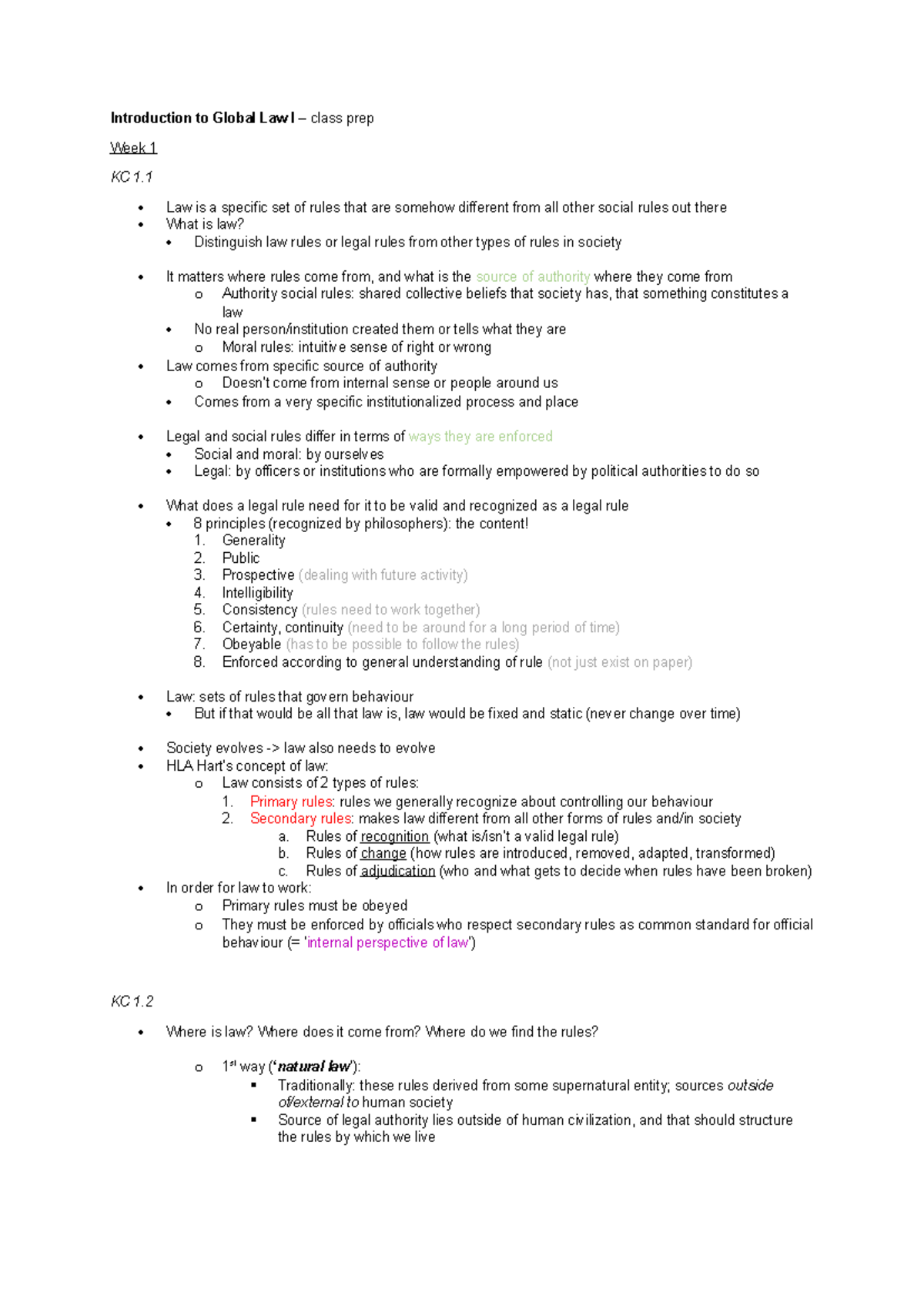 Introduction to Global Law I - Week 1 Class Prep Notes - Studeersnel