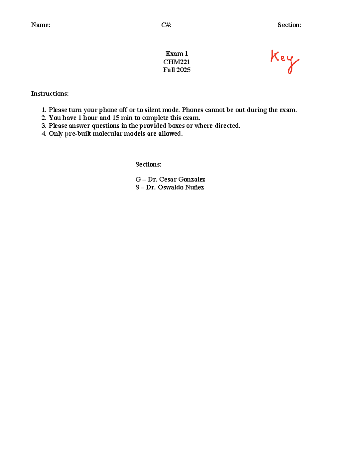 CHM221 Fall 2025 Exam 1 Key Instructions and Guidelines - Studocu