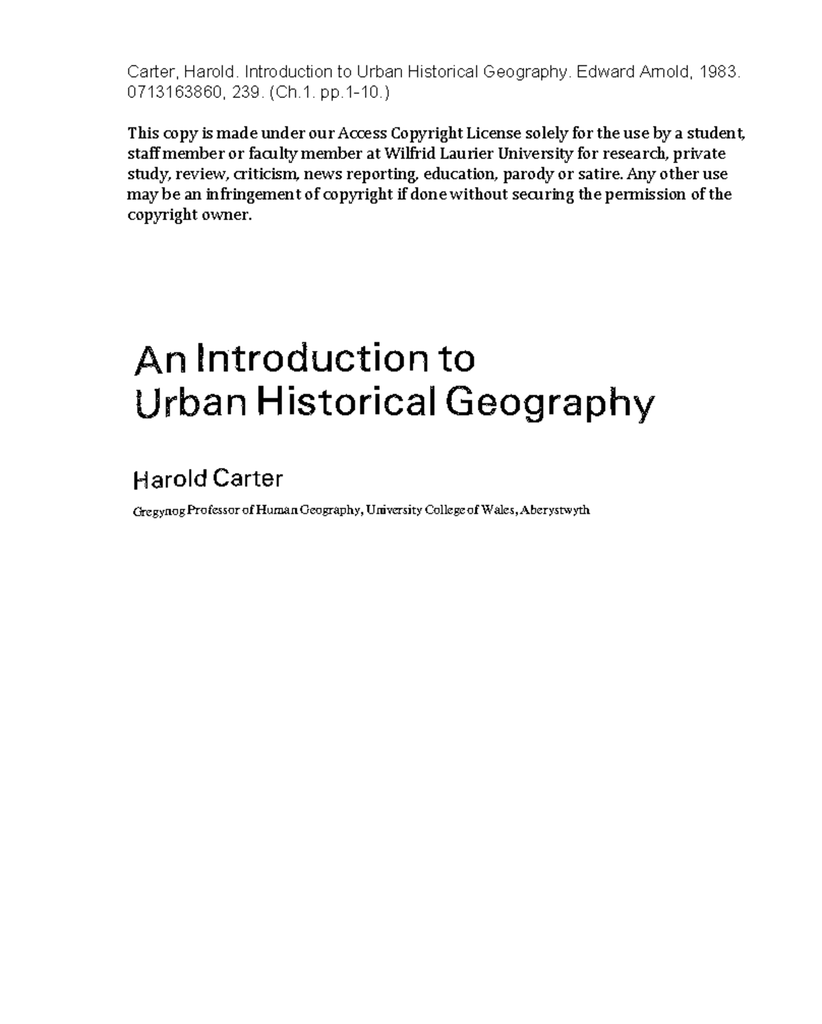 Gg271: Introduction to Urban Historical Geography - Chapter 1 Overview ...