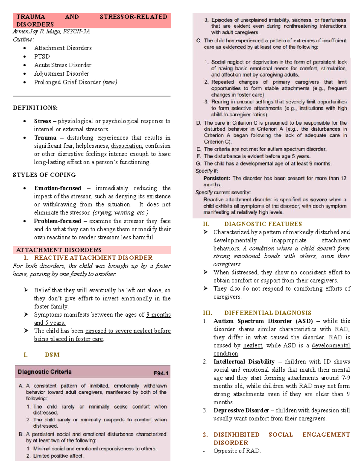 TRAUMA AND STRESSOR RELATED DISORDERS: A Comprehensive Outline - Studocu