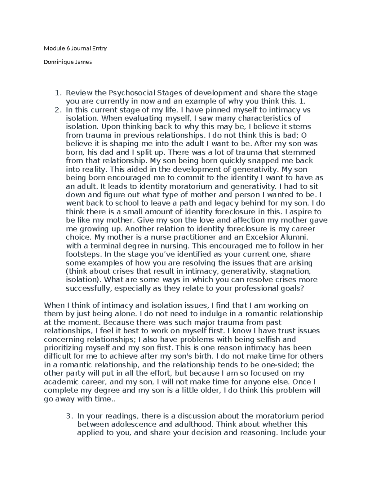 Module 6 Journal Entry: Reflecting on Psychosocial Development - Studocu