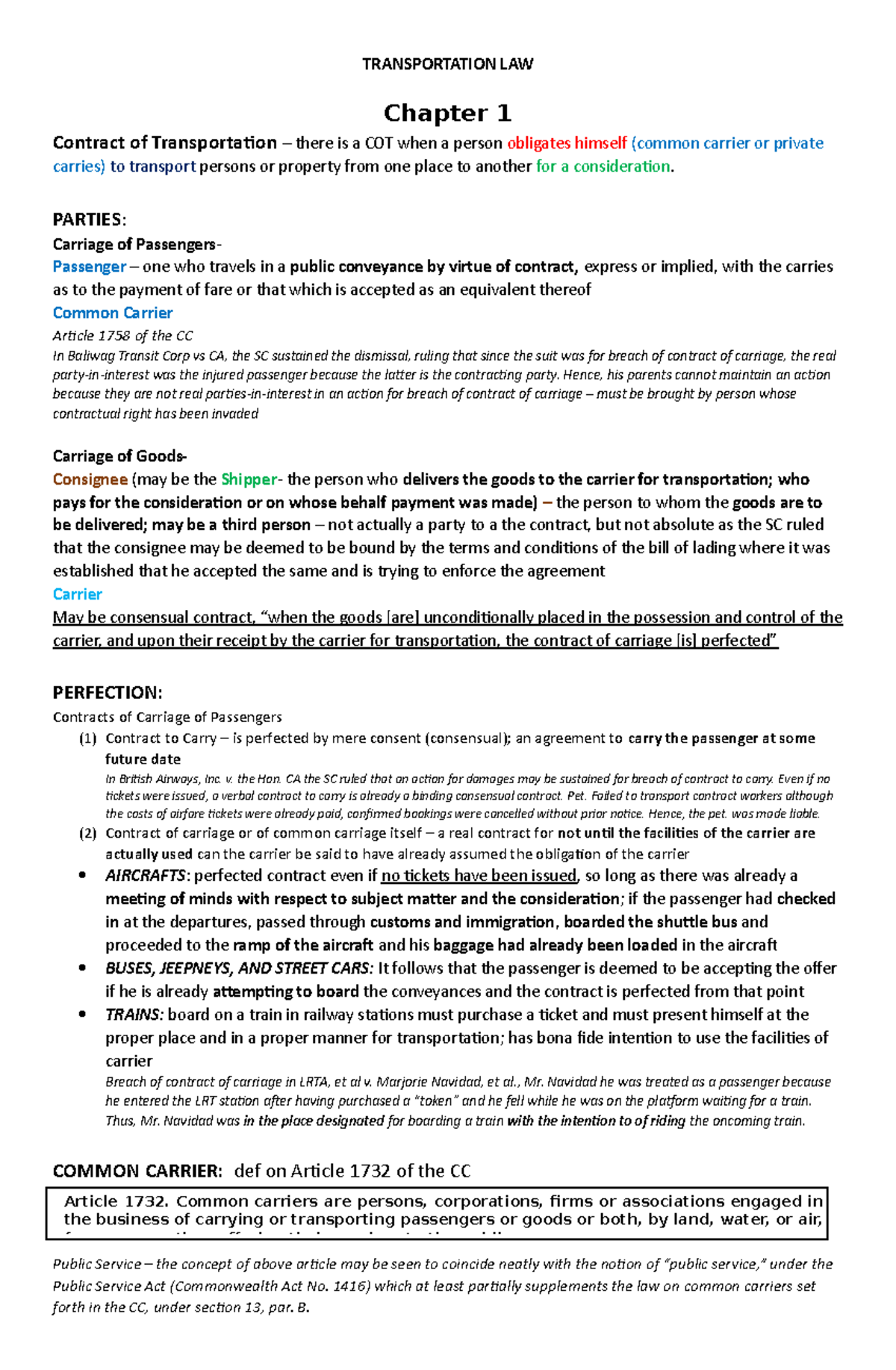 Notes on Transportation Law (LAW 101): Key Concepts and Cases - Studocu