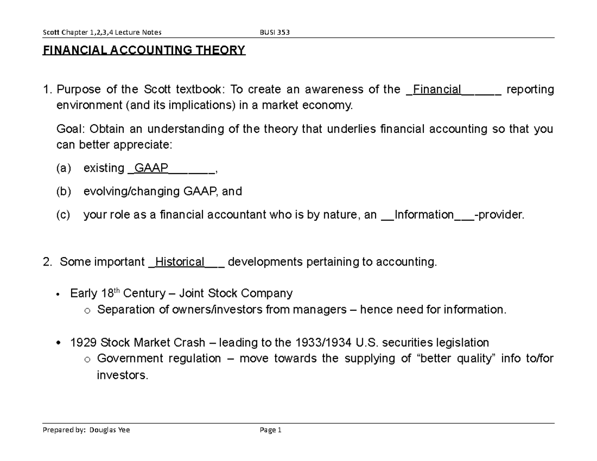 Scott FIN 111 Chapter 1-4 Lecture Notes on Financial Accounting Theory ...