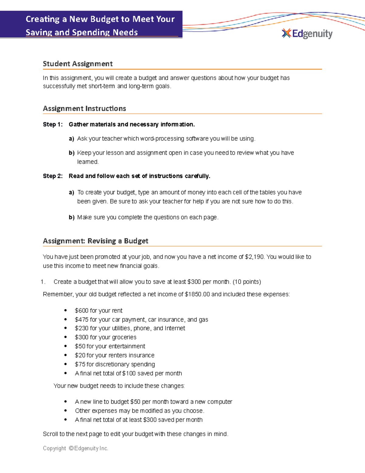 Creating a New Budget Assignment for Financial Goals (Student) - Studocu