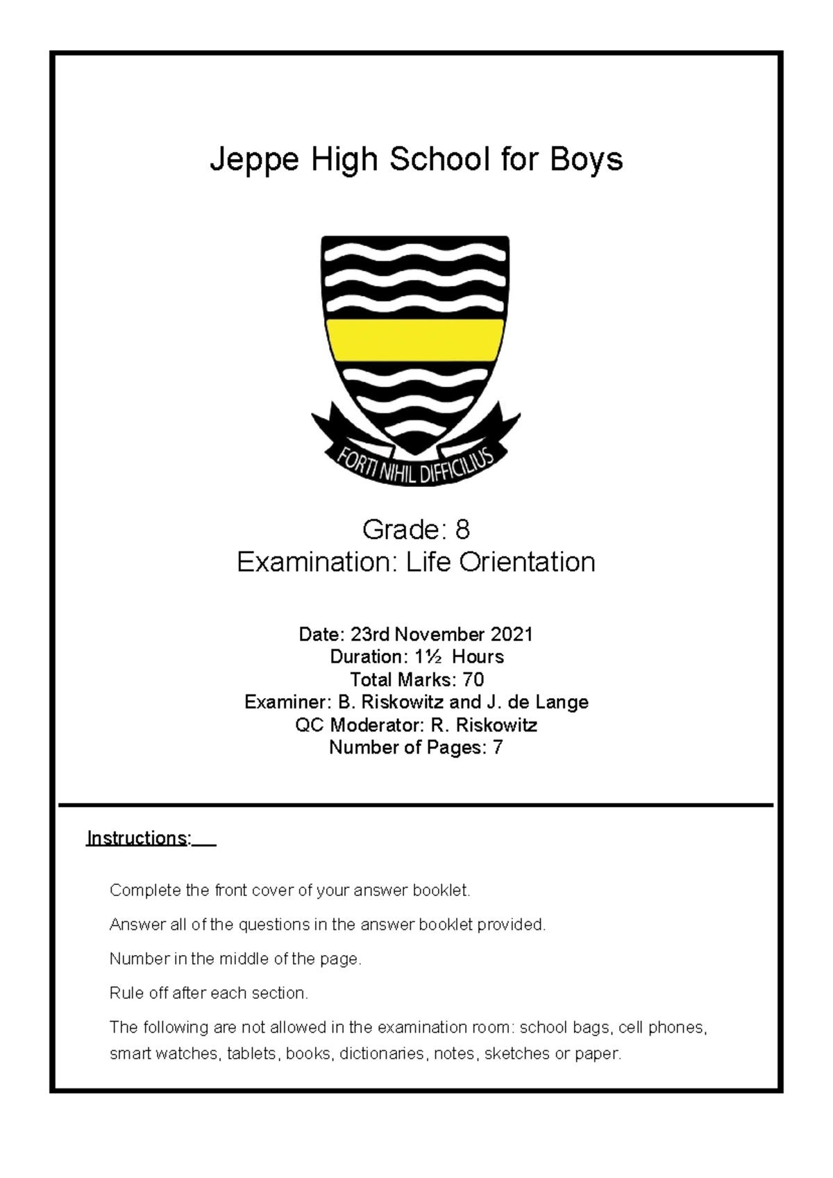 Gr 8 Life Orientation Year End Exam 2021 - Jeppe High School - Studocu