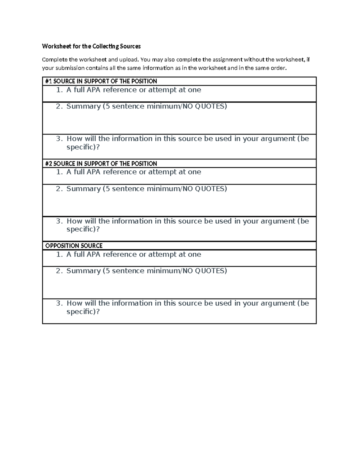 Worksheet for Collecting Sources - Assignment Template - Studocu