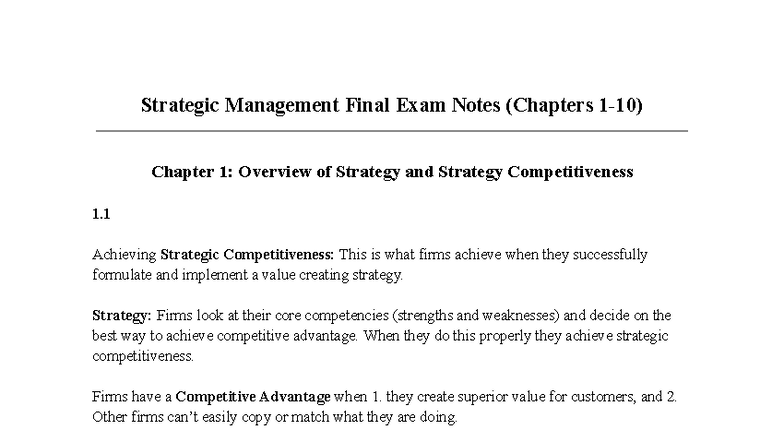 Strategic Management Final Exam Notes (Chapters 1-10) - Studocu