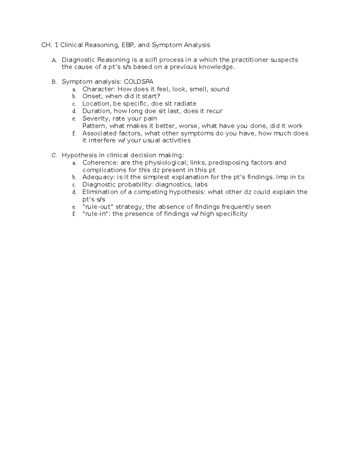 EBP - lecture notes - CH. 1 Clinical Reasoning, EBP, and Symptom ...