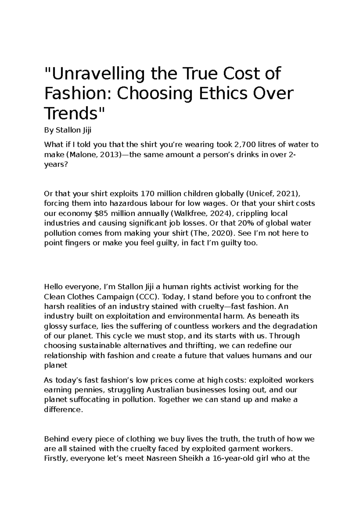 ENG IA2 - Persuasive Speech on the True Cost of Fashion - Studocu