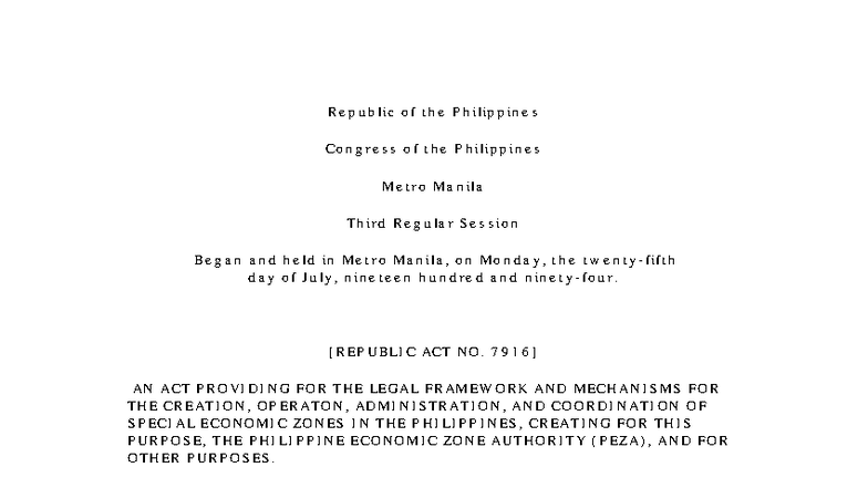 RA-7916: Special Economic Zone Act Overview and Key Provisions - Studocu