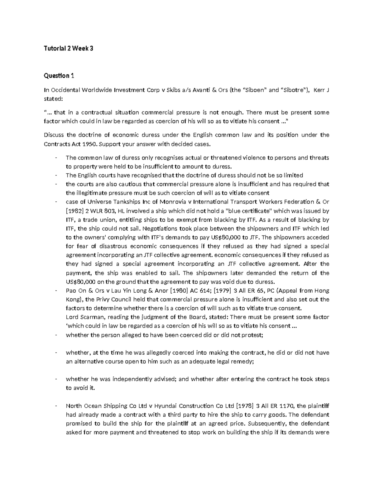 Tutorial 2 Week 3: Exploring Economic Duress in Contract Law - Studocu