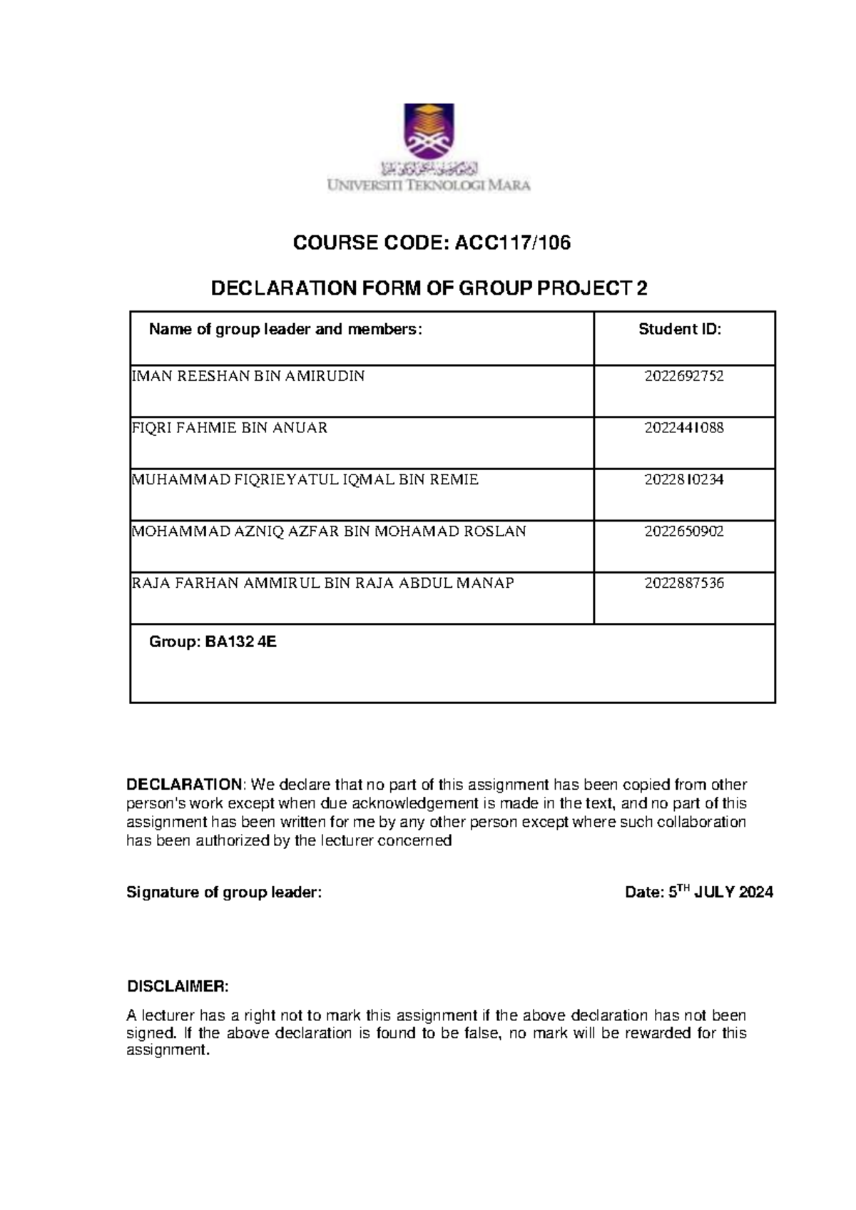 ACC117 Group Project 2 Declaration Form - BA132 4E - Studocu