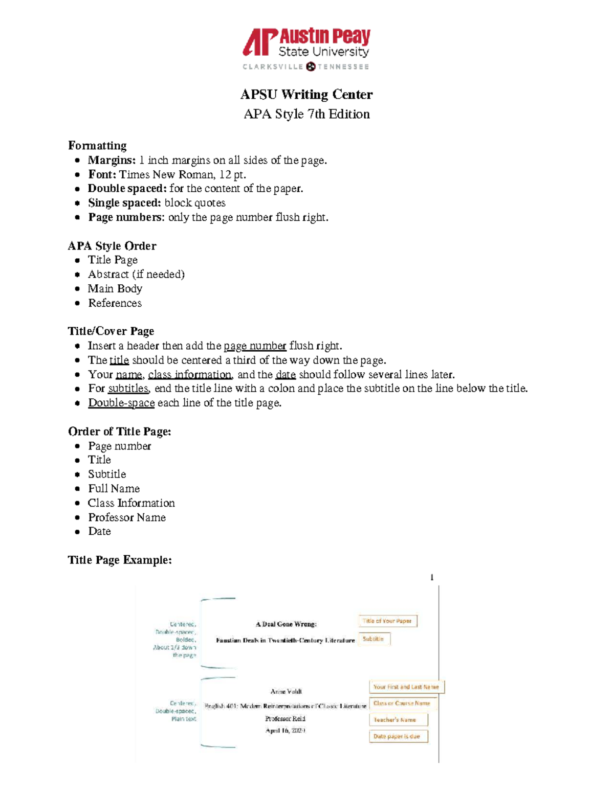 APSU Writing Center APA Style 7th Edition Formatting Guidelines - Studocu