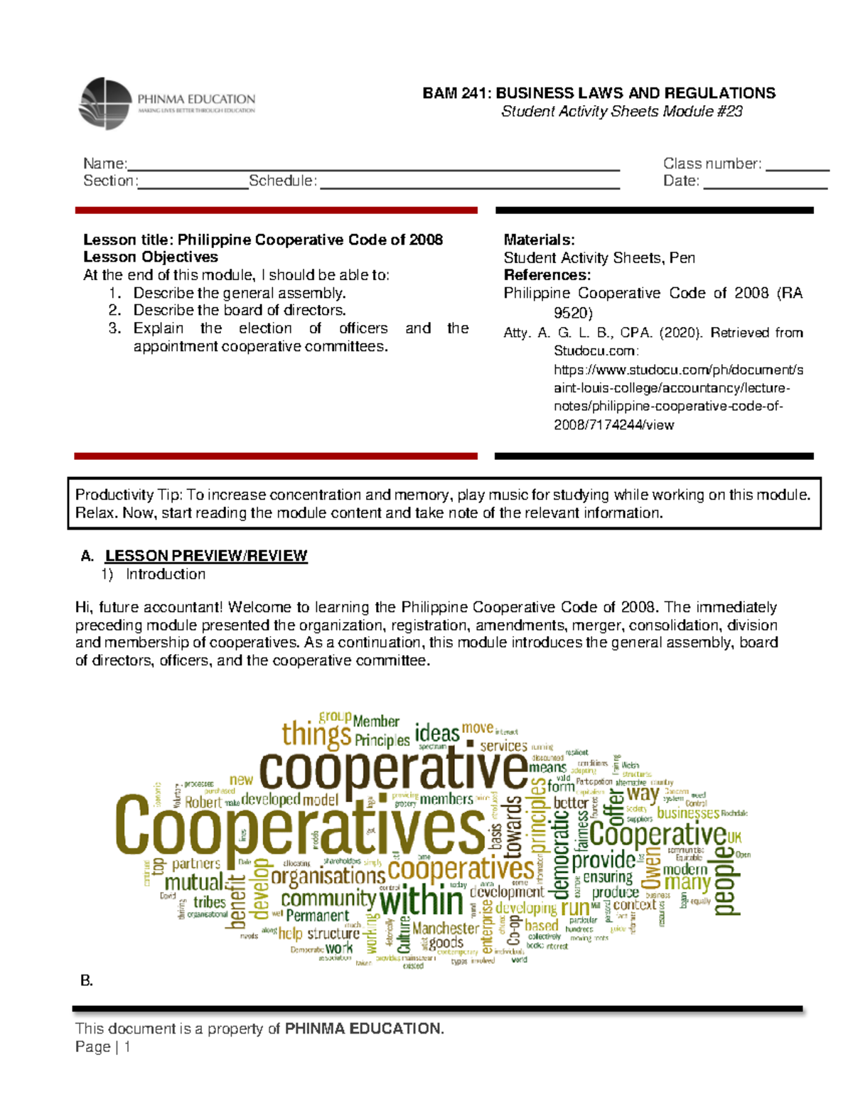 BAM 242: Student Activity Sheets on Philippine Cooperative Code (Module ...