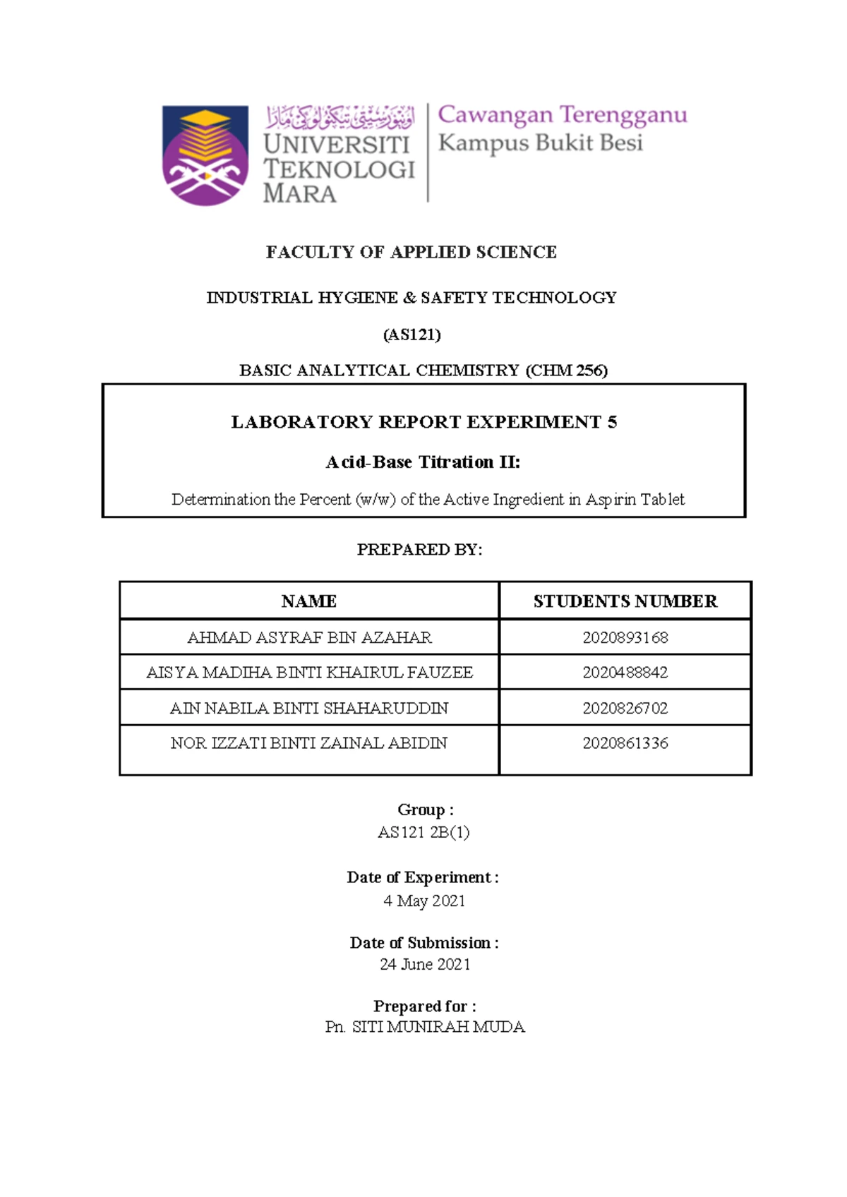 CHM256 FULL LAB Report - ANALYTICAL CHEMISTRY REPORT SHEET Experiment ...