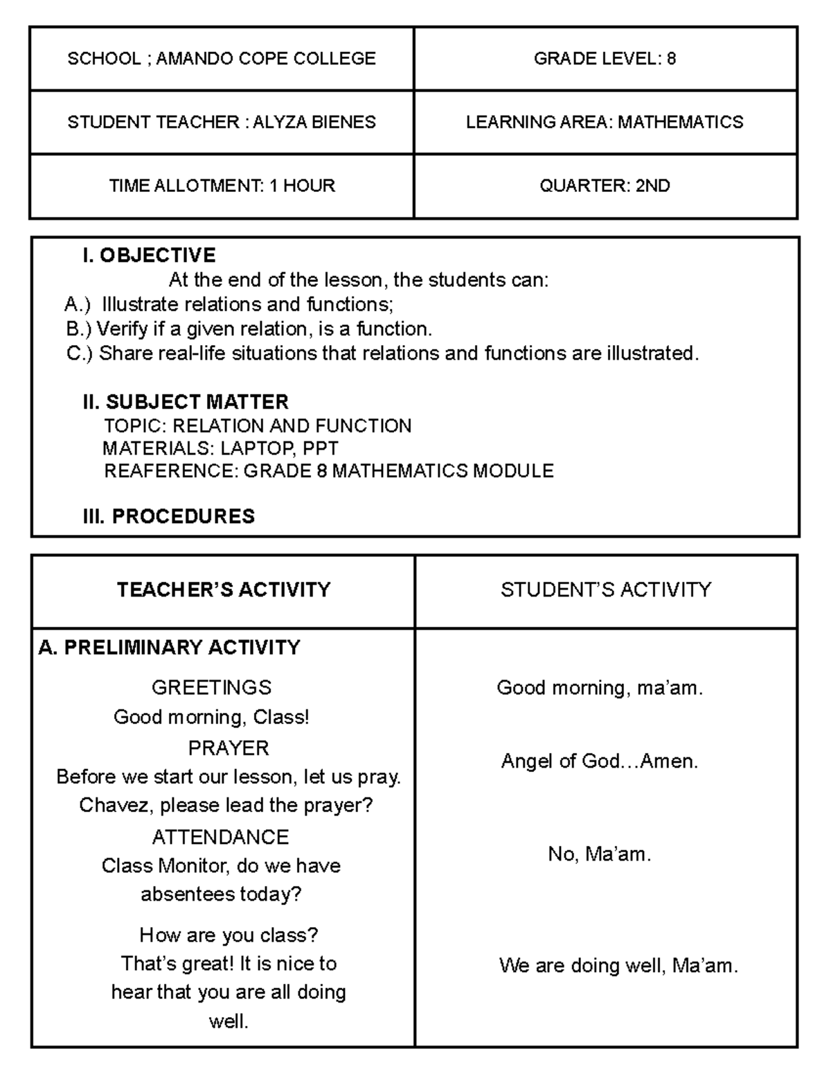 Grade 8 Math Lesson: Relations and Functions (2nd Quarter) - Studocu