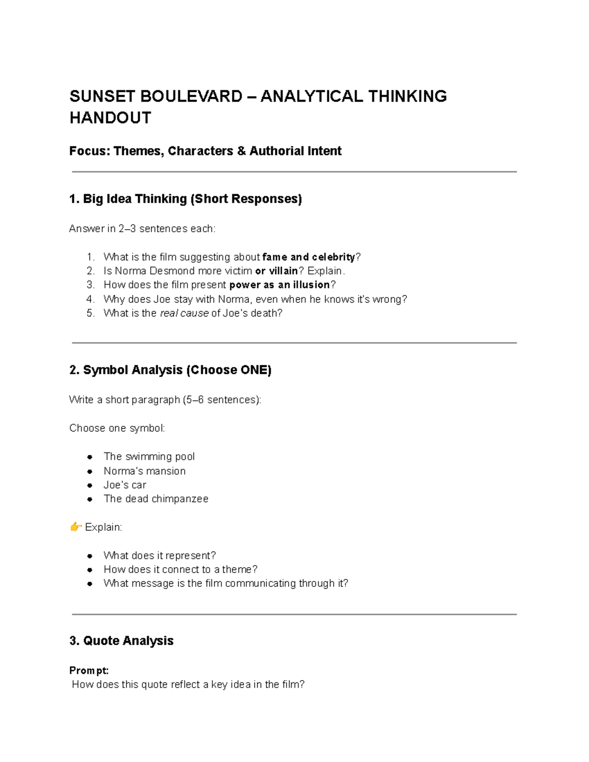 English 3 4: Sunset Boulevard Analytical Thinking Handout - Studocu