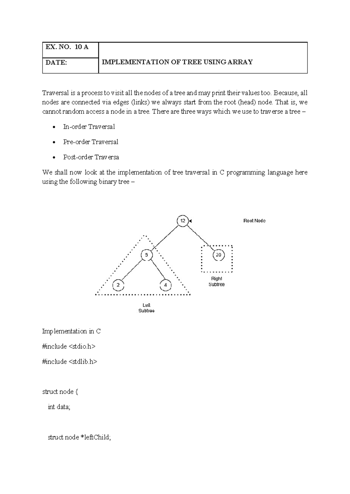 EX. NO. 10A & 10B: Tree Implementation & Traversal in C - Studocu